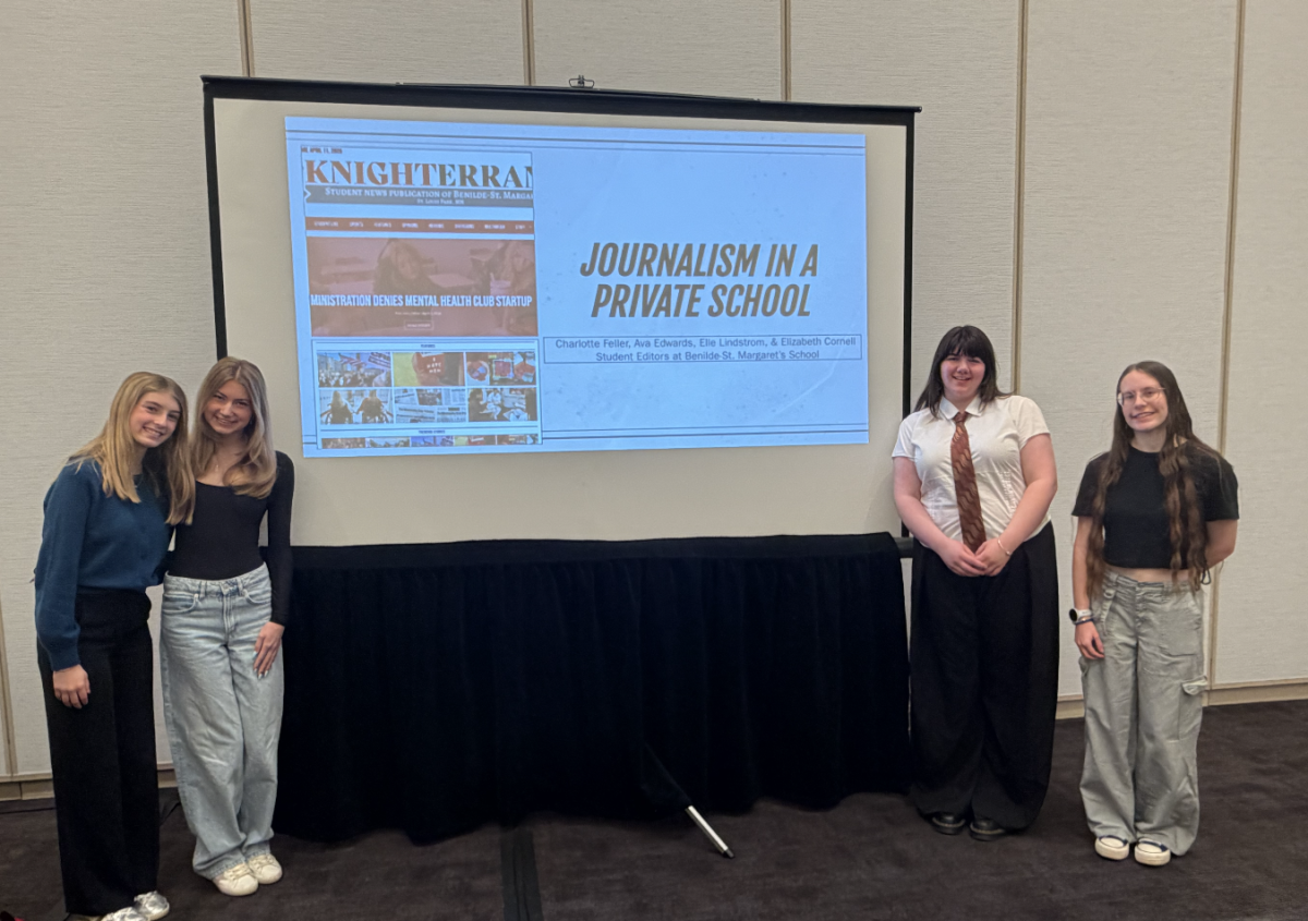 Charlotte Feller, Ava Edwards, Elle Lindstrong, and Elizabeth Cornell, editors at Benilde-St. Margaret's School student newspaper, Knight Errant. 